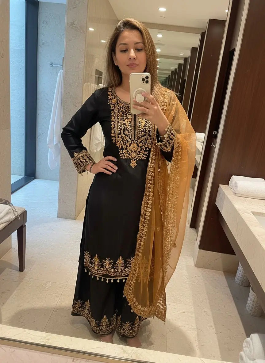 Chinon Silk Designer Kurti Palazzo Dupatta Set for Eid Ethenika.com