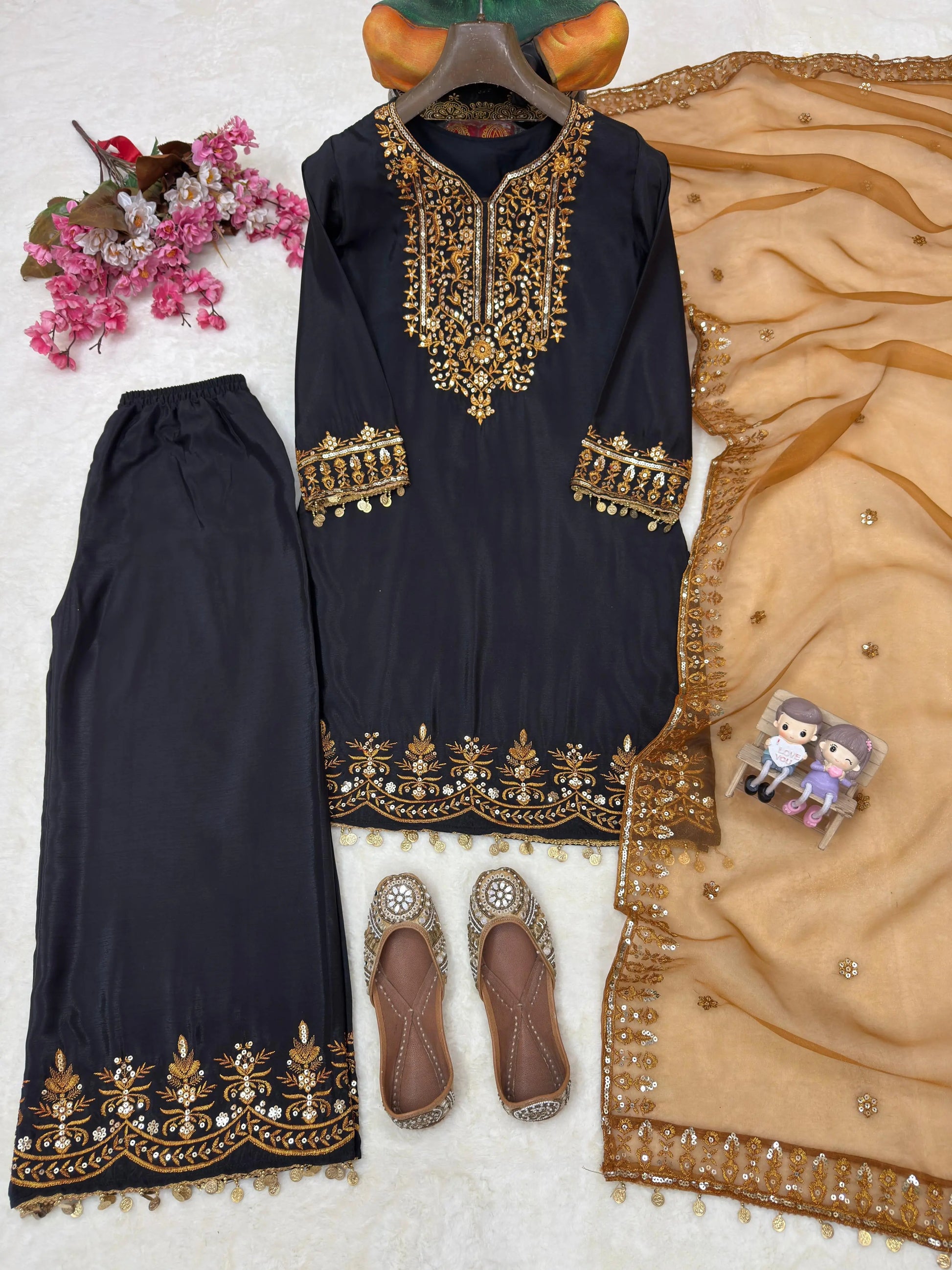 Chinon Silk Designer Kurti Palazzo Dupatta Set for Eid Ethenika.com