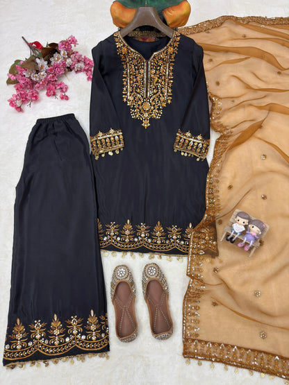 Chinon Silk Designer Kurti Palazzo Dupatta Set for Eid Ethenika.com