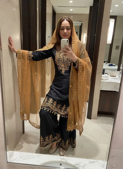 Chinon Silk Designer Kurti Palazzo Dupatta Set for Eid Ethenika.com