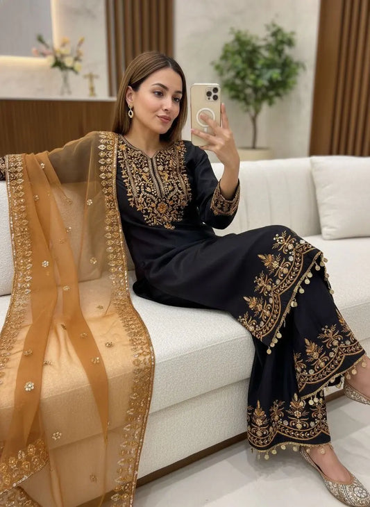 Chinon Silk Designer Kurti Palazzo Dupatta Set for Eid Ethenika.com