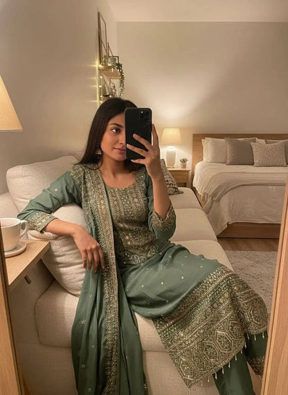 Chinon Silk Designer Party Wear Kurti Pant Dupatta Set Ethenika.com