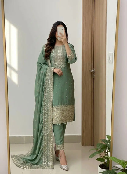 Chinon Silk Designer Party Wear Kurti Pant Dupatta Set Ethenika.com