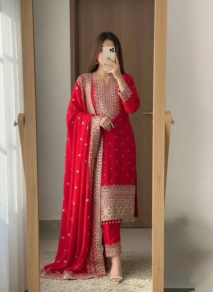 Chinon Silk Designer Party Wear Kurti Pant Dupatta Set Ethenika.com