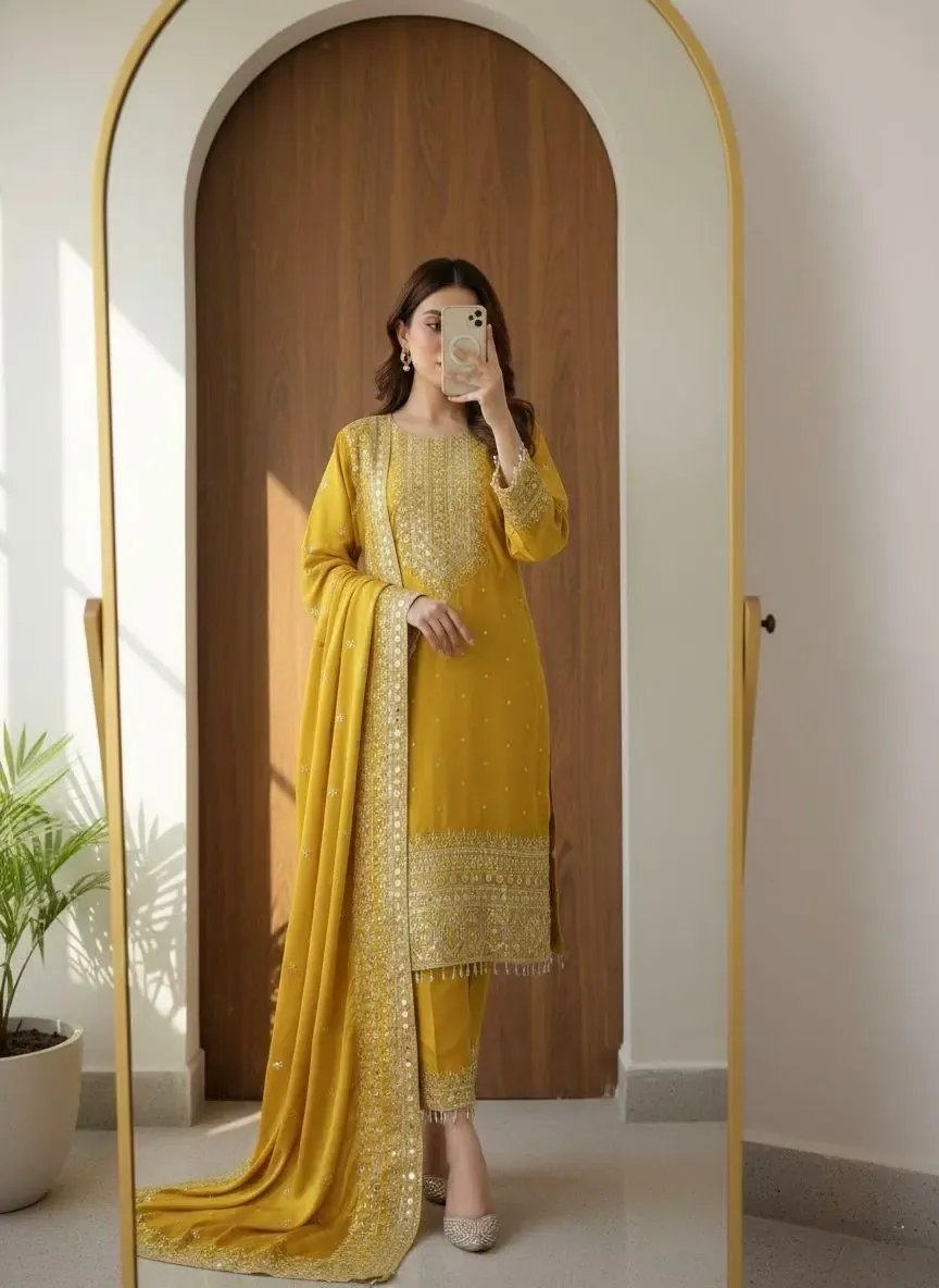 Chinon Silk Designer Party Wear Kurti Pant Dupatta Set Ethenika.com