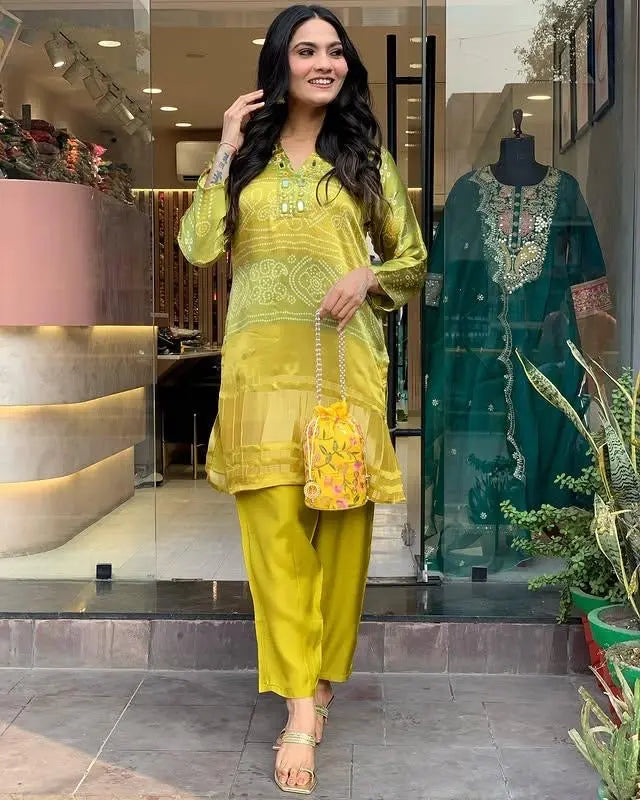 Chinon Silk Neck Mirror Work Bandhani Print Summer Special Ready to Wear Cord Set Ethenika.com