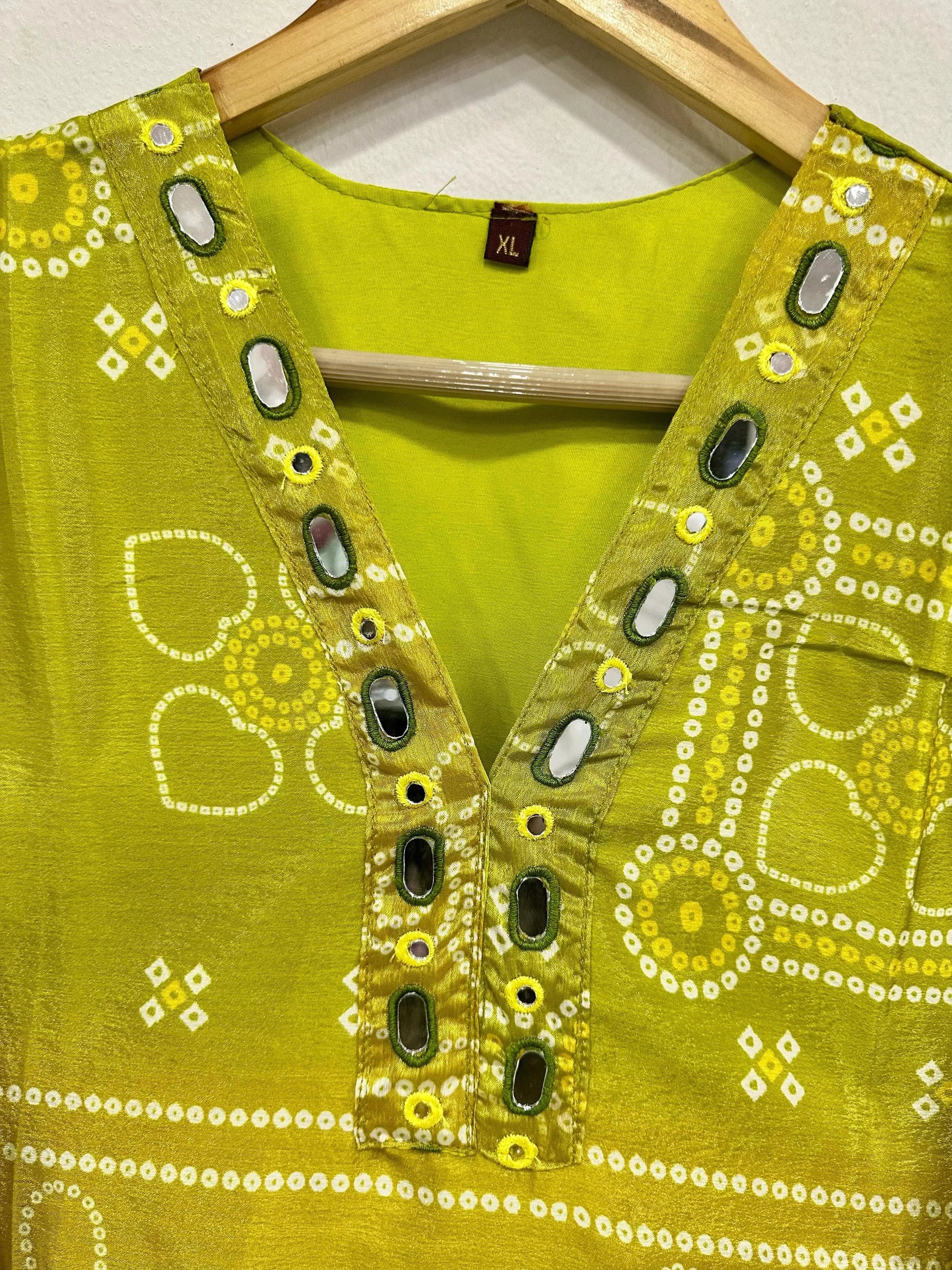 Chinon Silk Neck Mirror Work Bandhani Print Summer Special Ready to Wear Cord Set Ethenika.com