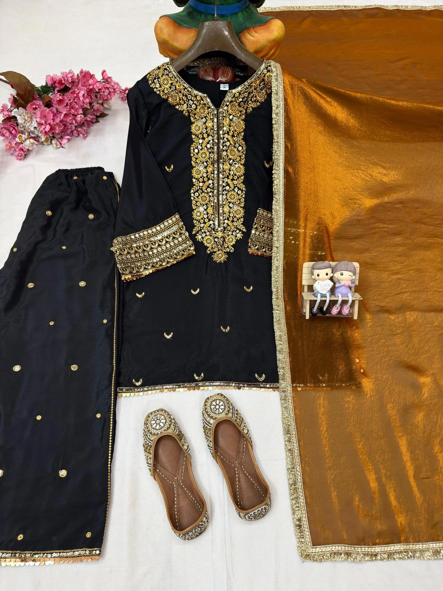 Chinon Silk Ready Wear Designer Kurti Palazzo Dupatta Set Ethenika.com
