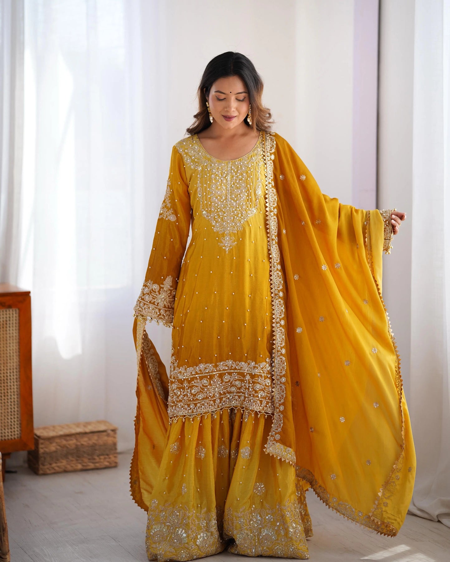Chinon Silk Real Moti work with Sequence hand embroidery work Kurti Sharara Dupatta Set (Fully Stitched) - Premium  from Ethenika.com  - Just INR 4990! Shop now at Ethenika.com 