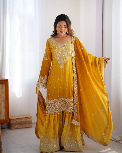 Chinon Silk Real Moti work with Sequence hand embroidery work Kurti Sharara Dupatta Set (Fully Stitched) - Premium  from Ethenika.com  - Just INR 4990! Shop now at Ethenika.com 