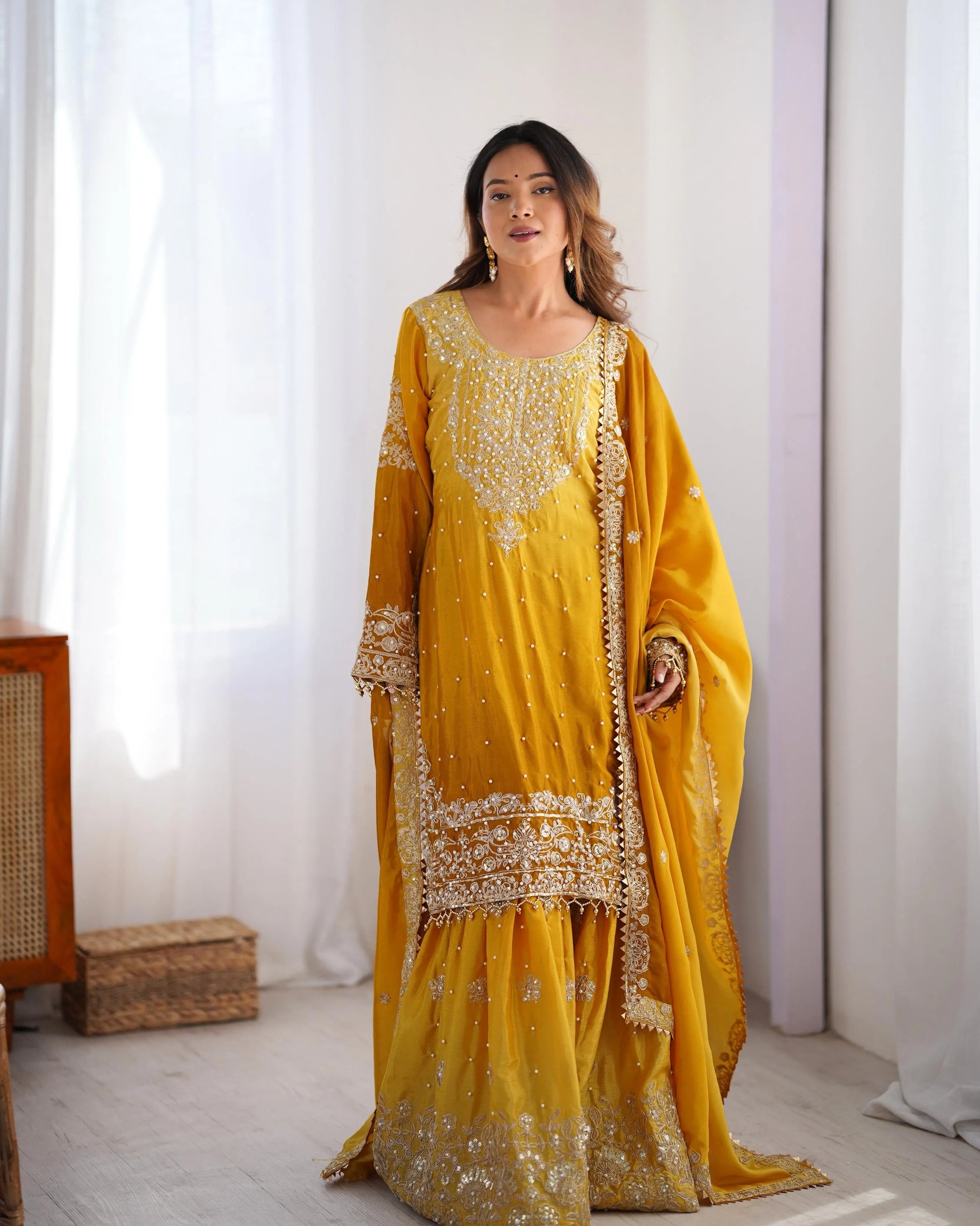Chinon Silk Real Moti work with Sequence hand embroidery work Kurti Sharara Dupatta Set (Fully Stitched) - Premium  from Ethenika.com  - Just INR 4990! Shop now at Ethenika.com 