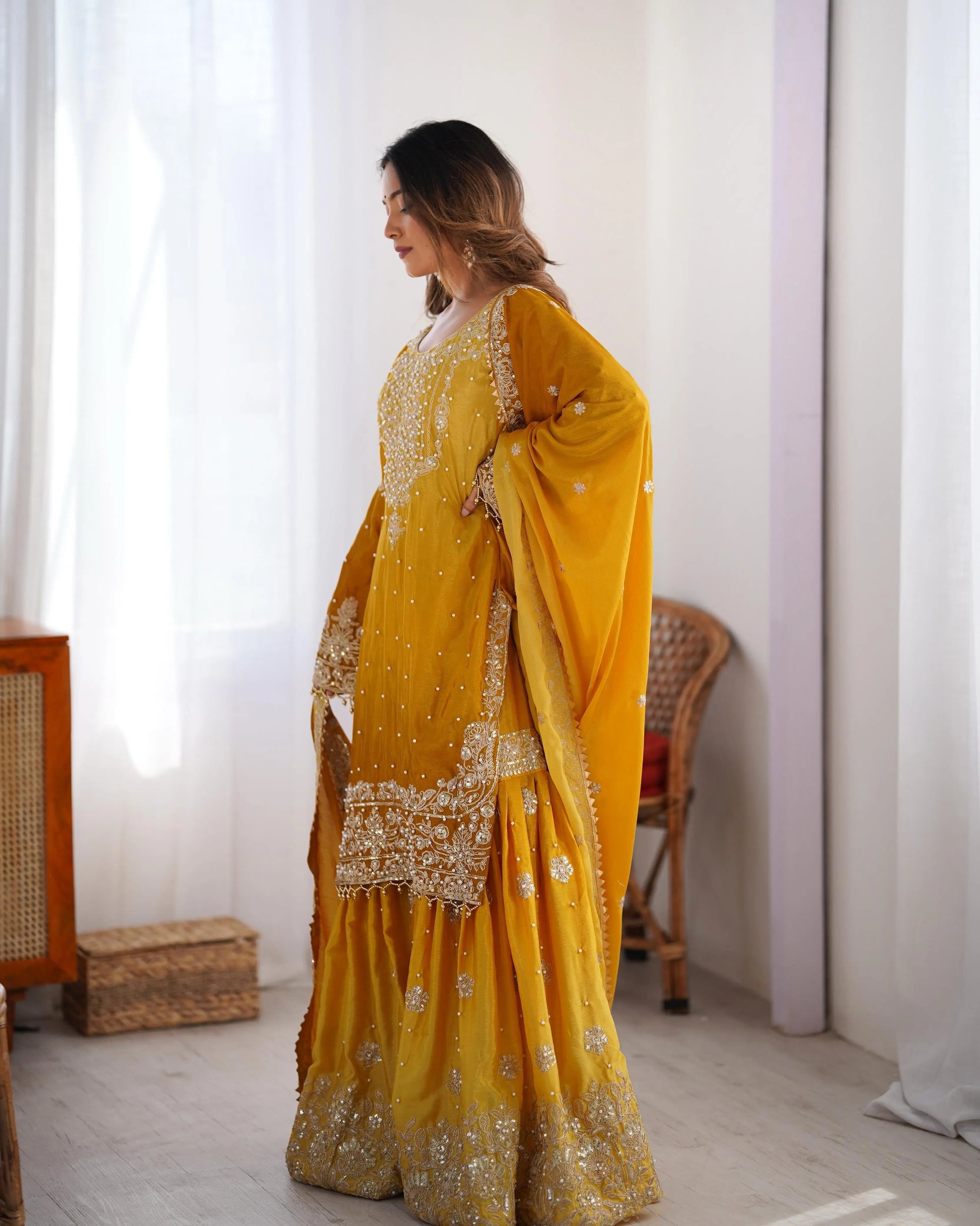 Chinon Silk Real Moti work with Sequence hand embroidery work Kurti Sharara Dupatta Set (Fully Stitched) - Premium  from Ethenika.com  - Just INR 4990! Shop now at Ethenika.com 