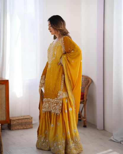 Chinon Silk Real Moti work with Sequence hand embroidery work Kurti Sharara Dupatta Set (Fully Stitched) - Premium  from Ethenika.com  - Just INR 4990! Shop now at Ethenika.com 