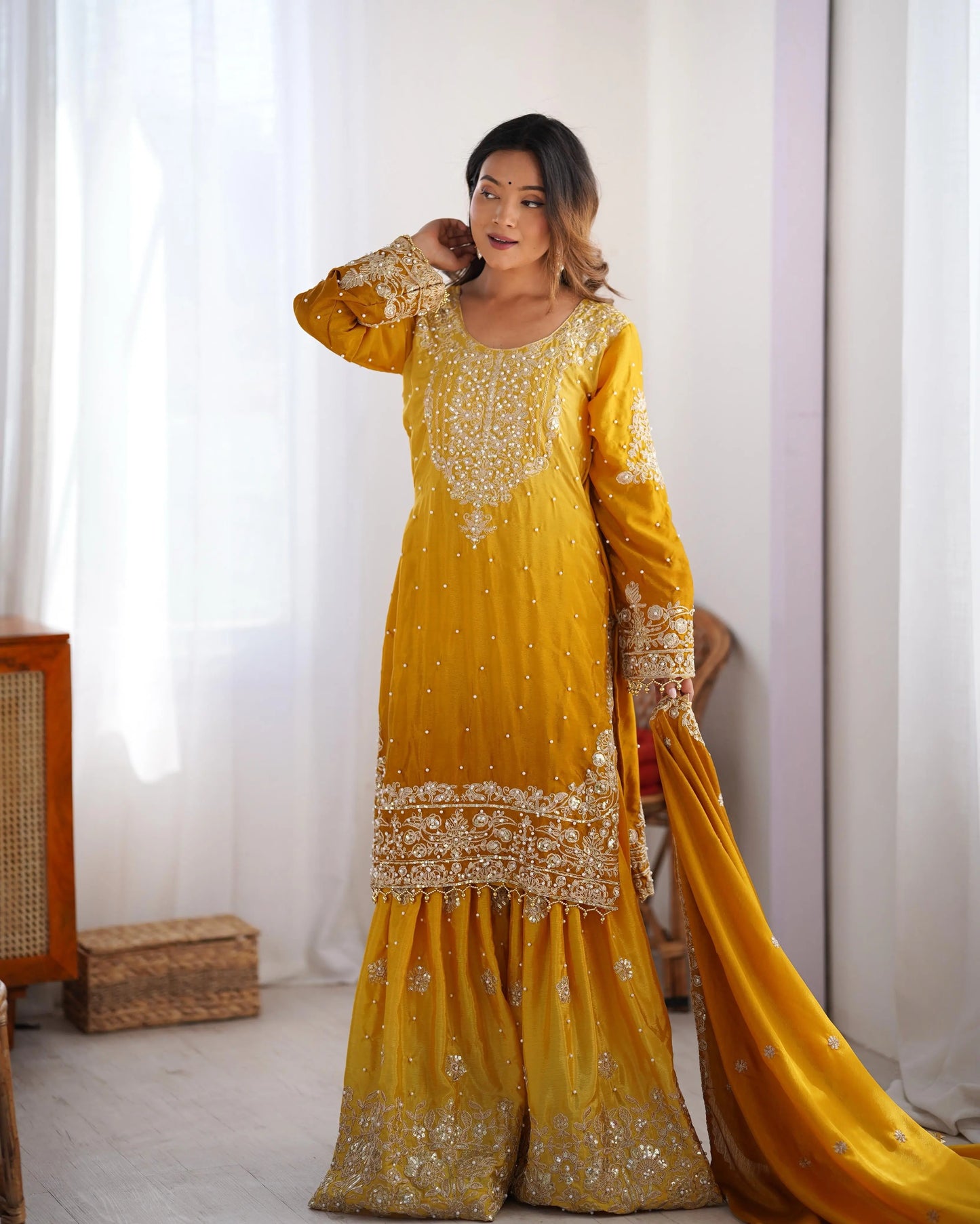 Chinon Silk Real Moti work with Sequence hand embroidery work Kurti Sharara Dupatta Set (Fully Stitched) - Premium  from Ethenika.com  - Just INR 4990! Shop now at Ethenika.com 
