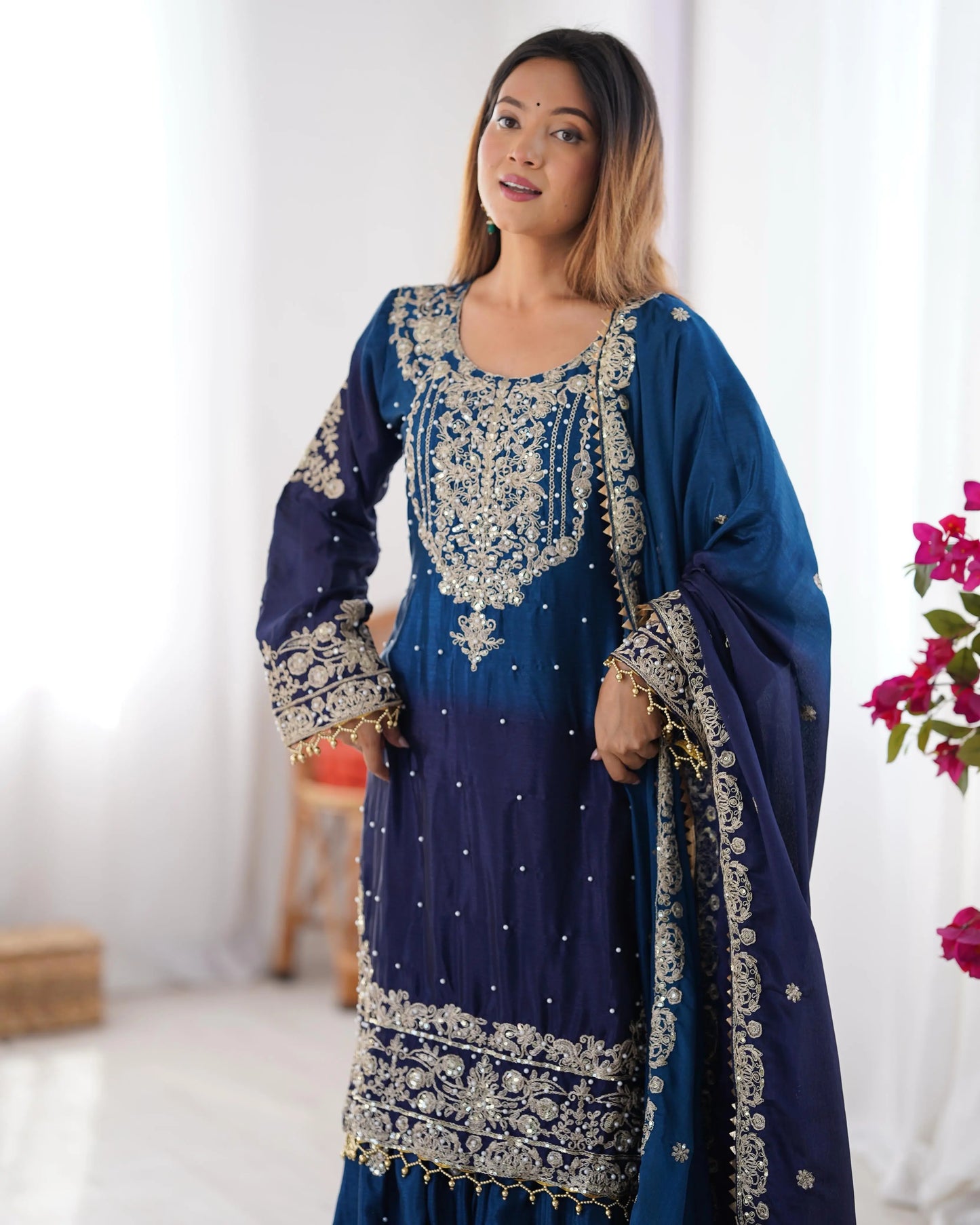 Chinon Silk Real Moti work with Sequence hand embroidery work Kurti Sharara Dupatta Set (Fully Stitched) - Premium  from Ethenika.com  - Just INR 4990! Shop now at Ethenika.com 