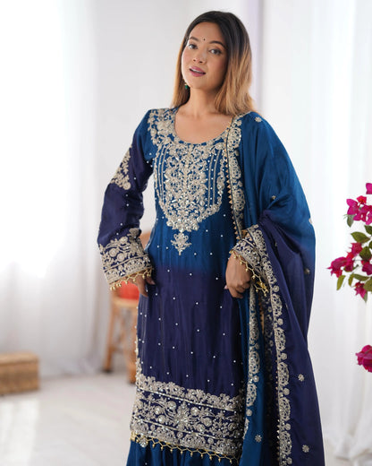 Chinon Silk Real Moti work with Sequence hand embroidery work Kurti Sharara Dupatta Set (Fully Stitched) - Premium  from Ethenika.com  - Just INR 4990! Shop now at Ethenika.com 