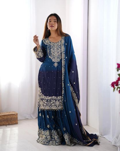 Chinon Silk Real Moti work with Sequence hand embroidery work Kurti Sharara Dupatta Set (Fully Stitched) - Premium  from Ethenika.com  - Just INR 4990! Shop now at Ethenika.com 