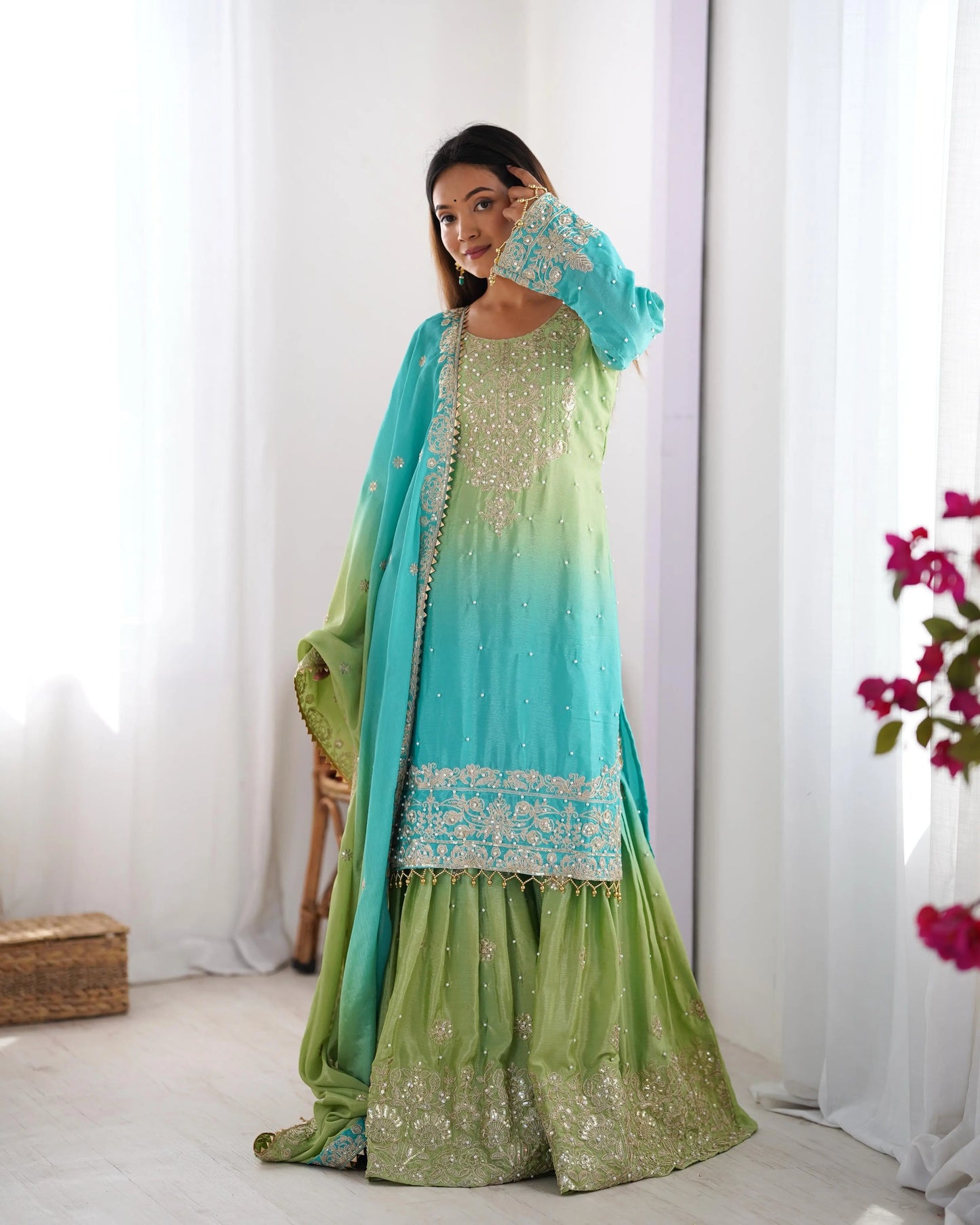 Chinon Silk Real Moti work with Sequence hand embroidery work Kurti Sharara Dupatta Set (Fully Stitched) - Premium  from Ethenika.com  - Just INR 4990! Shop now at Ethenika.com 