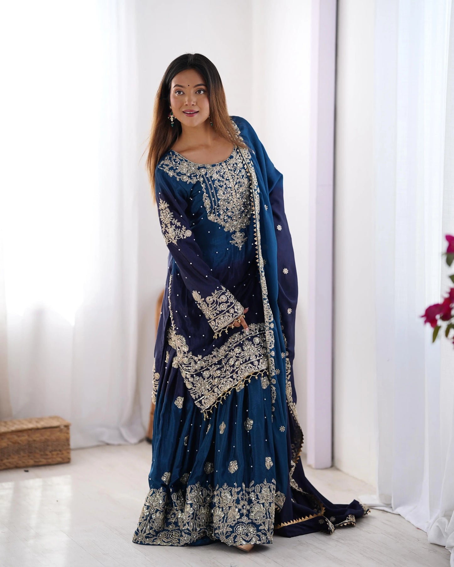 Chinon Silk Real Moti work with Sequence hand embroidery work Kurti Sharara Dupatta Set (Fully Stitched) - Premium  from Ethenika.com  - Just INR 4990! Shop now at Ethenika.com 