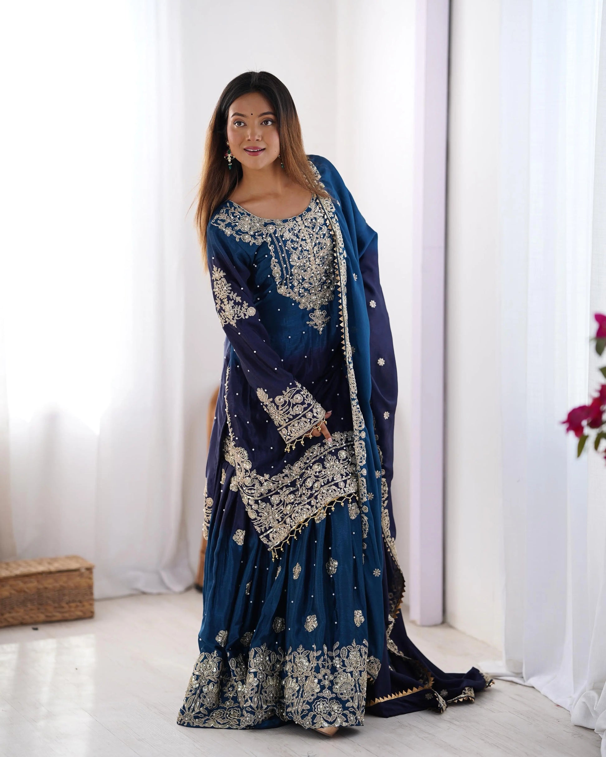 Chinon Silk Real Moti work with Sequence hand embroidery work Kurti Sharara Dupatta Set (Fully Stitched) - Premium  from Ethenika.com  - Just INR 4990! Shop now at Ethenika.com 