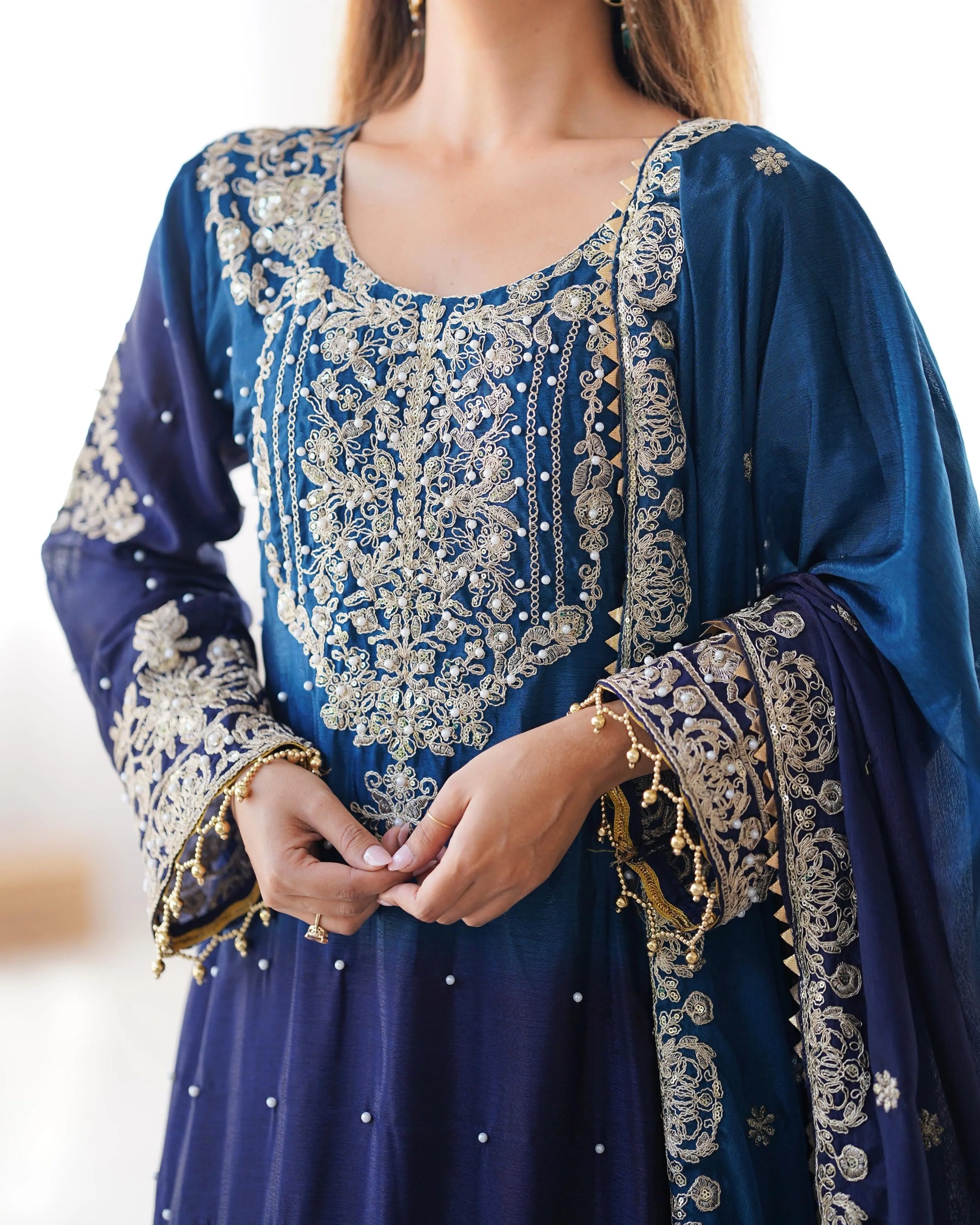 Chinon Silk Real Moti work with Sequence hand embroidery work Kurti Sharara Dupatta Set (Fully Stitched) - Premium  from Ethenika.com  - Just INR 4990! Shop now at Ethenika.com 