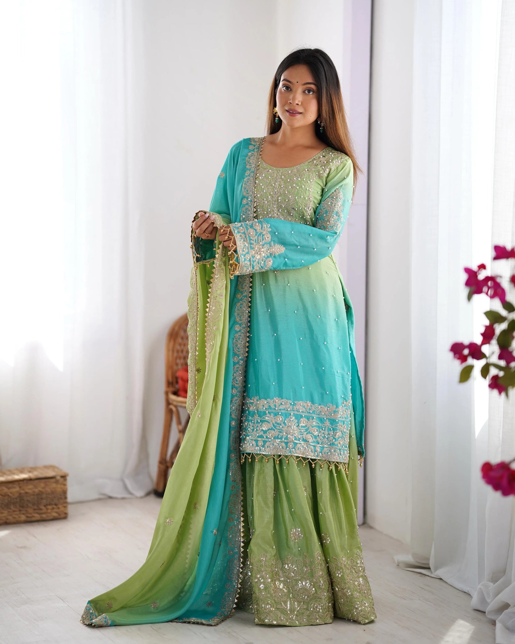 Chinon Silk Real Moti work with Sequence hand embroidery work Kurti Sharara Dupatta Set (Fully Stitched) - Premium  from Ethenika.com  - Just INR 4990! Shop now at Ethenika.com 