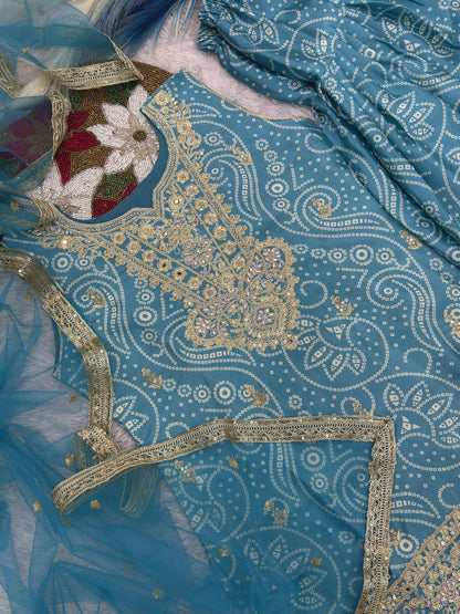 Chinon Silk Sequence Embroidery Work Bandhani Print Kurti Dhoti Pant Dupatta Set (Ready to Wear) Ethenika.com