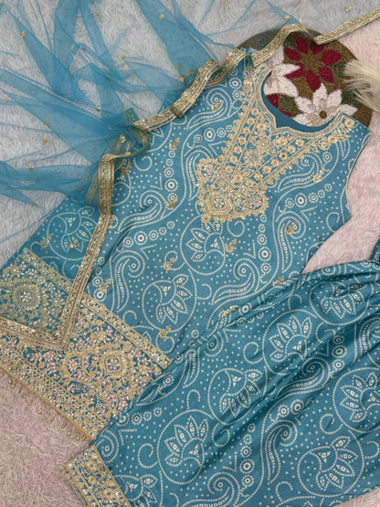 Chinon Silk Sequence Embroidery Work Bandhani Print Kurti Dhoti Pant Dupatta Set (Ready to Wear) Ethenika.com