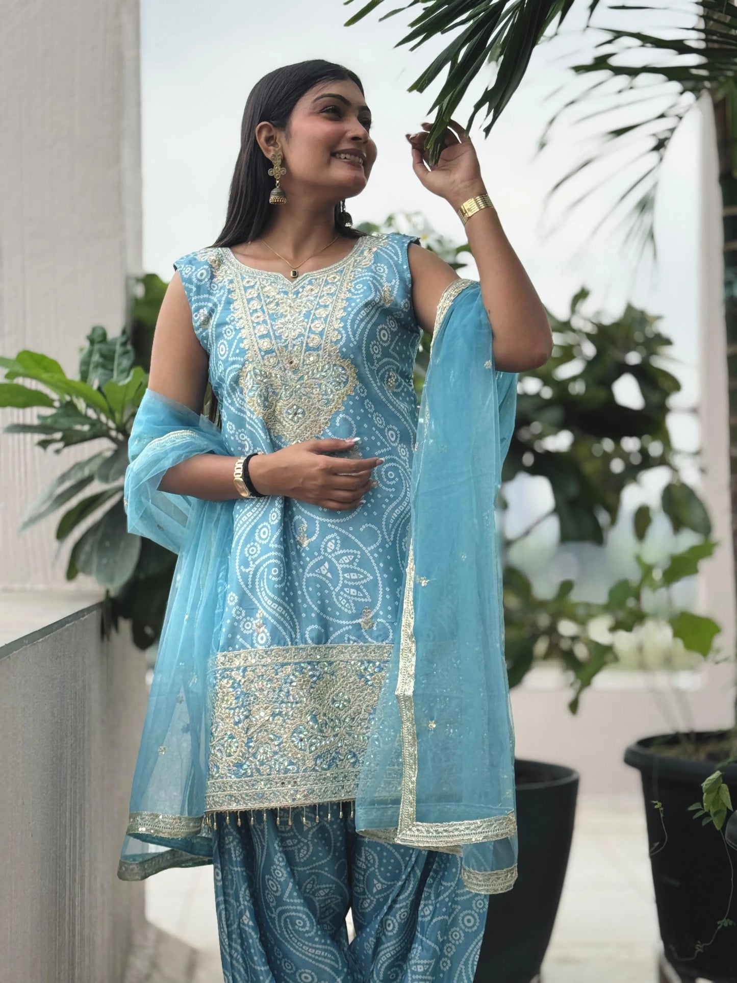 Chinon Silk Sequence Embroidery Work Bandhani Print Kurti Dhoti Pant Dupatta Set (Ready to Wear) Ethenika.com