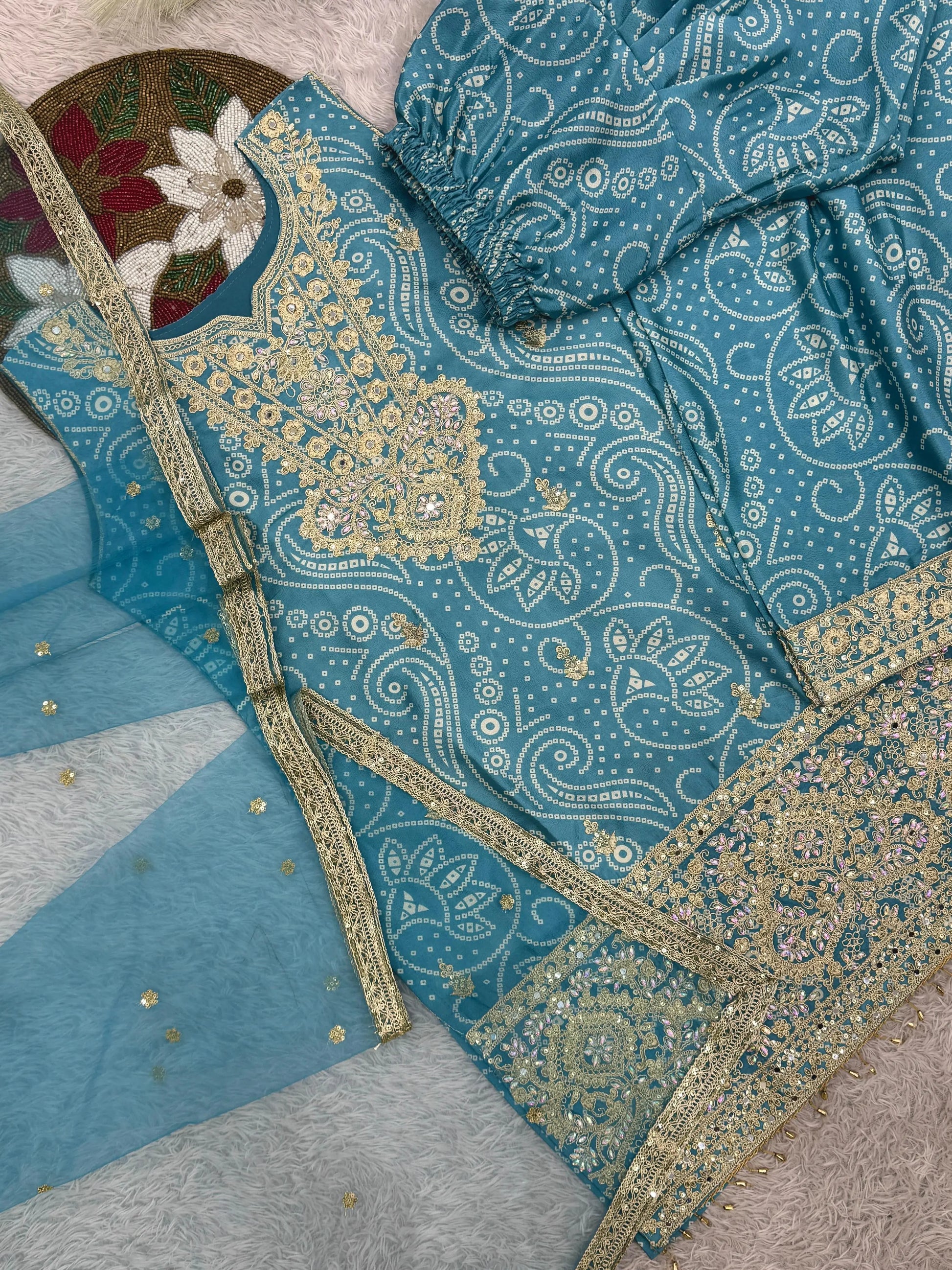 Chinon Silk Sequence Embroidery Work Bandhani Print Kurti Dhoti Pant Dupatta Set (Ready to Wear) Ethenika.com