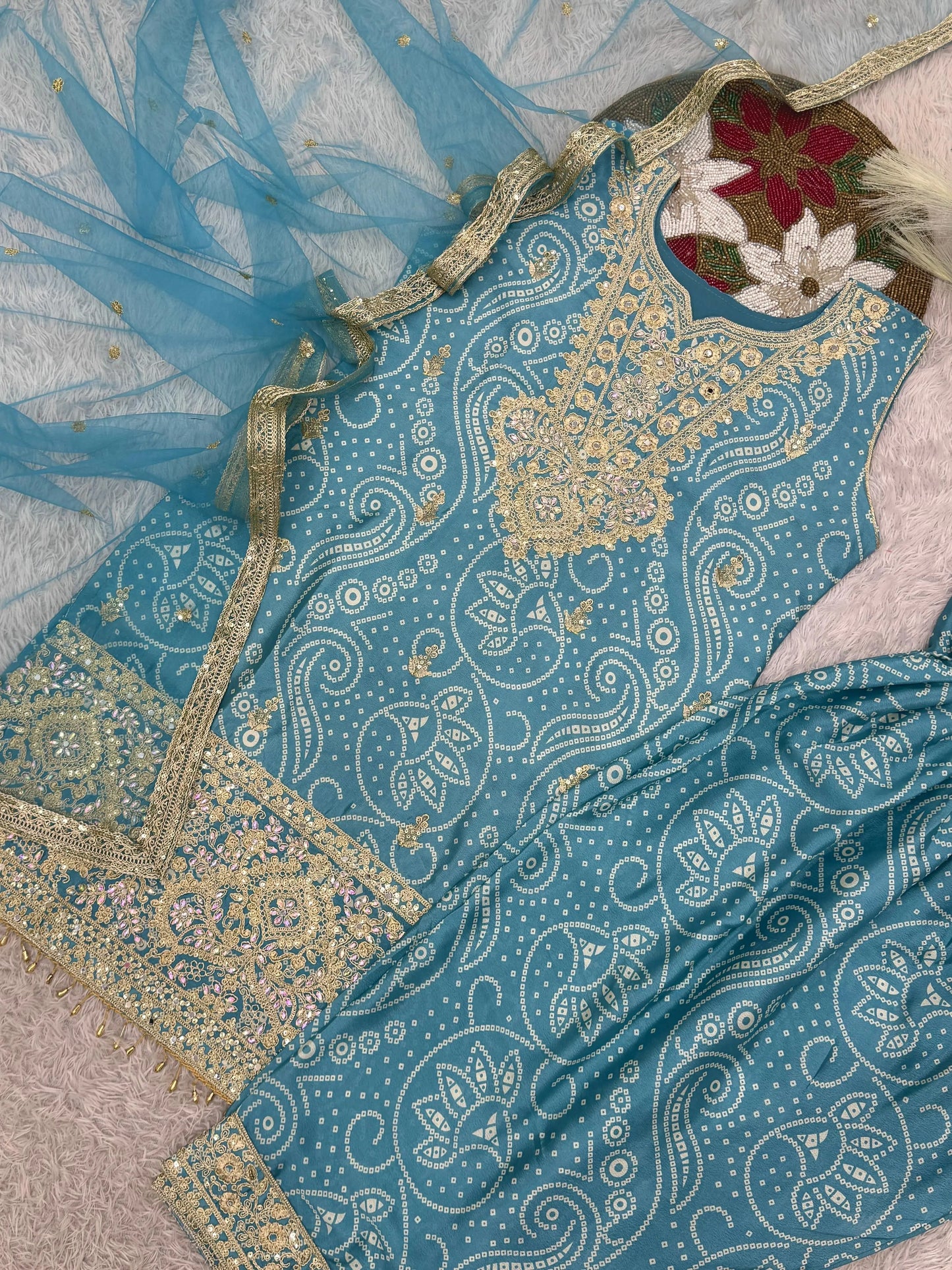 Chinon Silk Sequence Embroidery Work Bandhani Print Kurti Dhoti Pant Dupatta Set (Ready to Wear) Ethenika.com