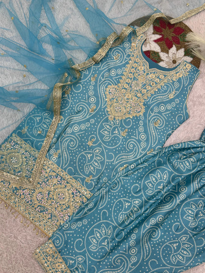 Chinon Silk Sequence Embroidery Work Bandhani Print Kurti Dhoti Pant Dupatta Set (Ready to Wear) Ethenika.com