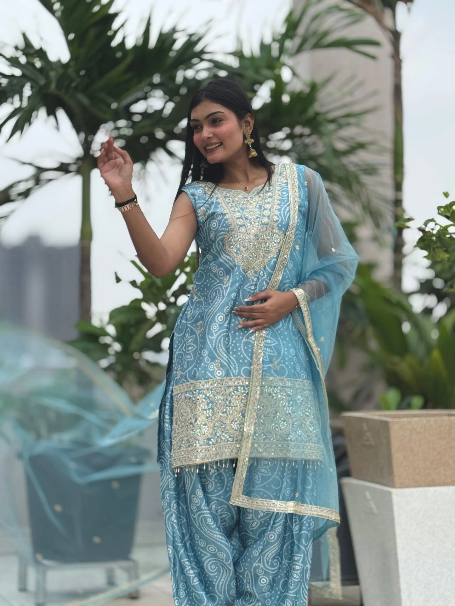 Chinon Silk Sequence Embroidery Work Bandhani Print Kurti Dhoti Pant Dupatta Set (Ready to Wear) Ethenika.com