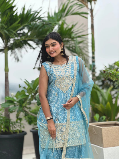 Chinon Silk Sequence Embroidery Work Bandhani Print Kurti Dhoti Pant Dupatta Set (Ready to Wear) Ethenika.com