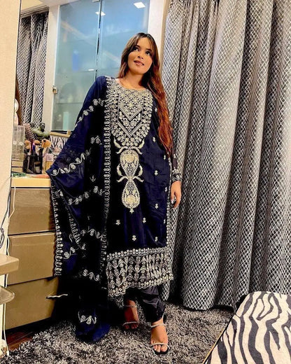 Chinon Silk Sequence Embroidery Work Designer Kurti Pant Dupatta Set (Ready to Wear) Ethenika.com