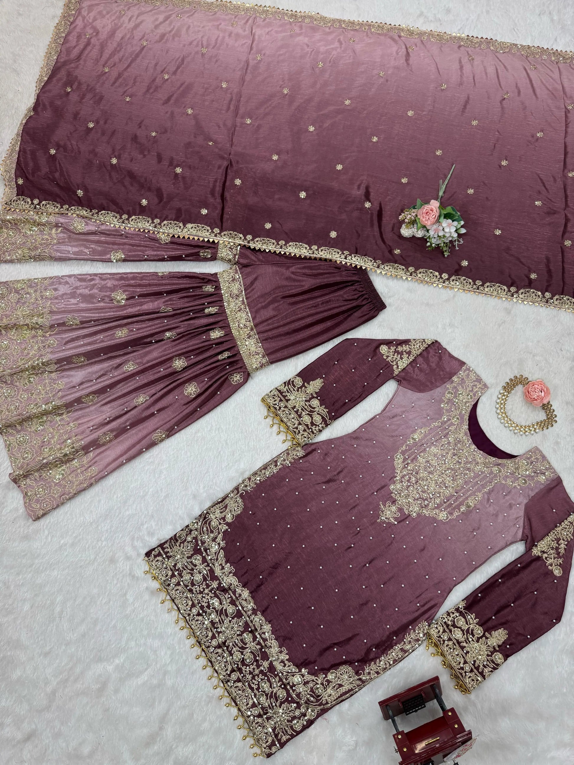 Chinon Silk Sequence Embroidery with Moti Work Kurti Sharar Dupatta Set (Stitched) - Premium  from Ethenika.com  - Just INR 4990! Shop now at Ethenika.com 