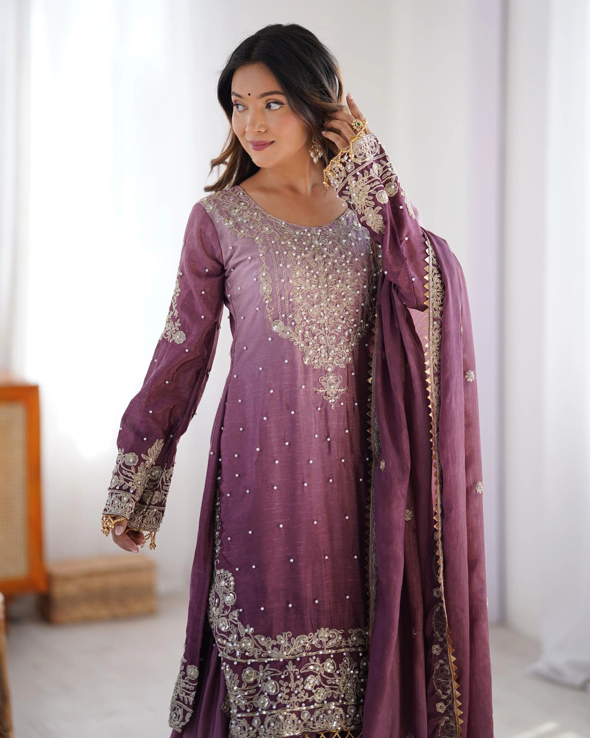 Chinon Silk Sequence Embroidery with Moti Work Kurti Sharar Dupatta Set (Stitched) - Premium  from Ethenika.com  - Just INR 4990! Shop now at Ethenika.com 