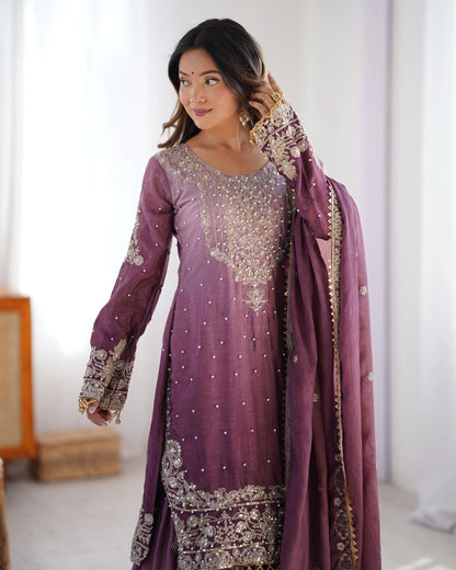 Chinon Silk Sequence Embroidery with Moti Work Kurti Sharar Dupatta Set (Stitched) - Premium  from Ethenika.com  - Just INR 4990! Shop now at Ethenika.com 