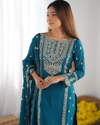 Chinon Silk Sequence Embroidery work Party Wear 3Pc  Kurti Pant Dupatta Set (Stitched) - Premium  from Ethenika.com  - Just INR 3590! Shop now at Ethenika.com 
