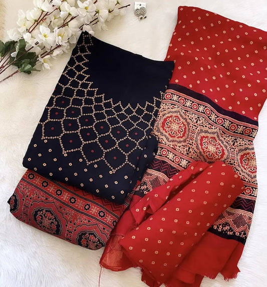 Cotton Ajrakh Makdi Bandhani Print Dress Material (Unstitched) Ethenika.com 