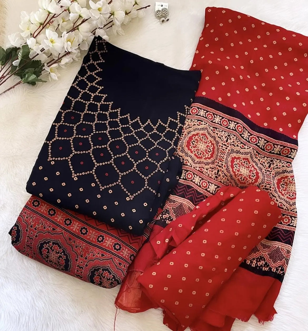 Cotton Ajrakh Makdi Bandhani Print Dress Material (Unstitched) Ethenika.com Cotton Ajrakh Makdi Bandhani Print Dress Material (Unstitched) Ethenika.com