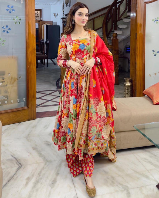 Cotton Chanderi Summer Special Floral Digital Print work Flair Kurti Pant Dupatta Set (Ready to wear) - Premium  from Ethenika.com  - Just INR 2590! Shop now at Ethenika.com 
