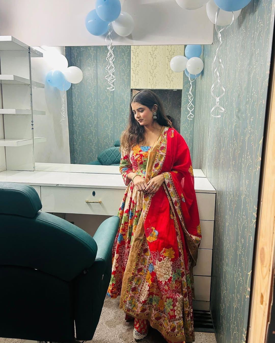 Cotton Chanderi Summer Special Floral Digital Print work Flair Kurti Pant Dupatta Set (Ready to wear) - Premium  from Ethenika.com  - Just INR 2590! Shop now at Ethenika.com 