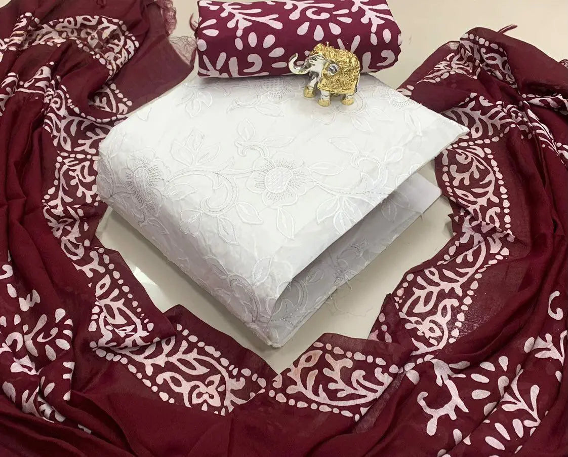 Cotton Embroidery Kurti with Barik Salwar Dupatta Set (Unstitched) Ethenika.com 