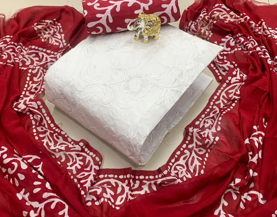 Cotton Embroidery Kurti with Barik Salwar Dupatta Set (Unstitched) Ethenika.com 
