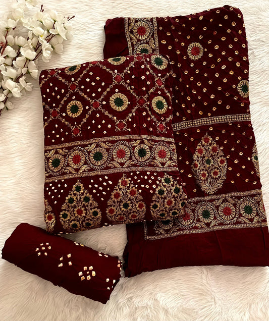 Cotton Satin Authentic Full Hand Tila Work Embroidery Kutch Bandhani Dress Material (Unstitched) Ethenika.com