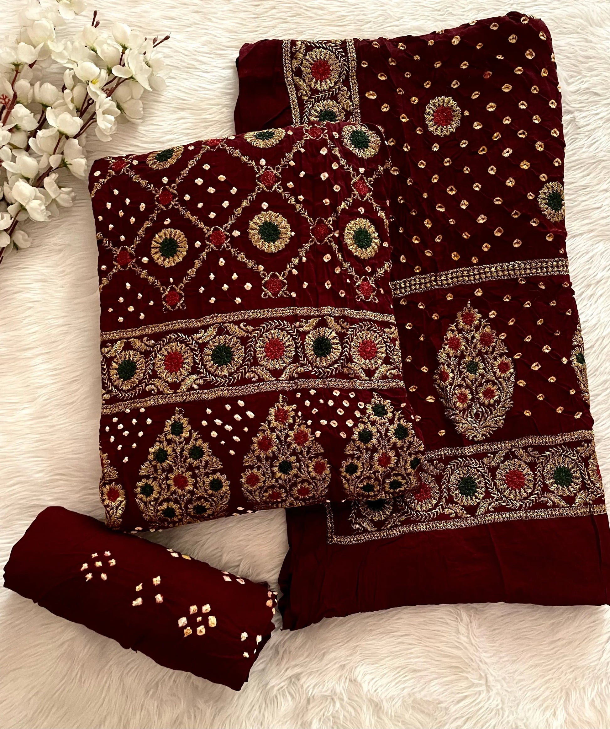 Cotton Satin Authentic Full Hand Tila Work Embroidery Kutch Bandhani Dress Material (Unstitched) Ethenika.com