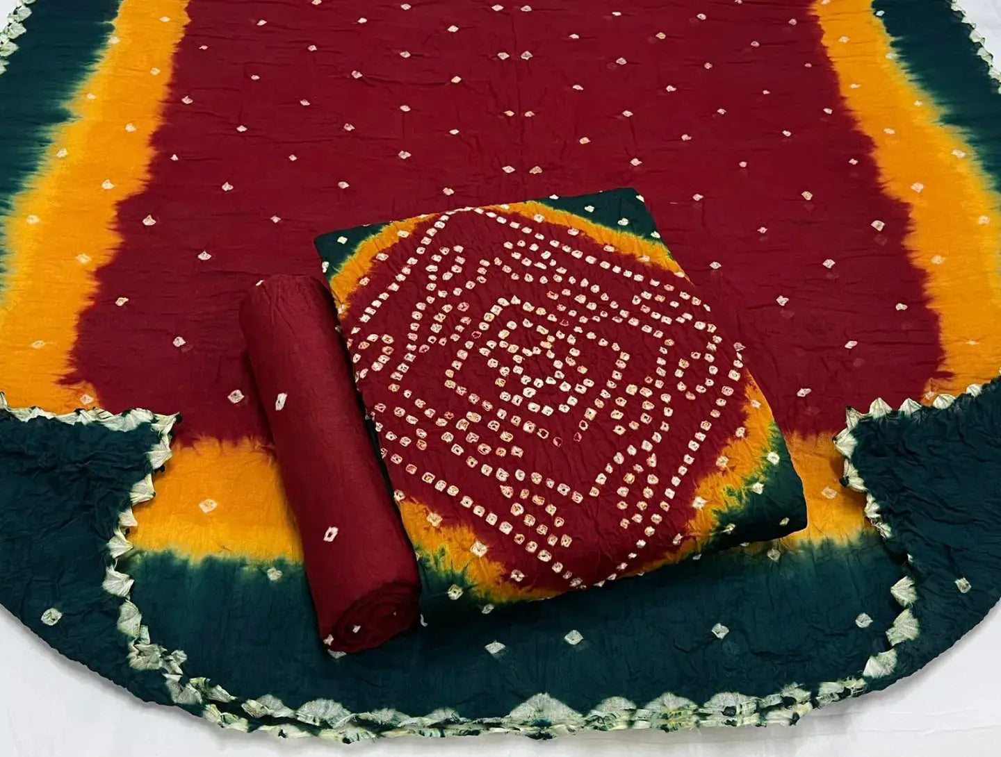 Cotton Satin Multicolour Bandhej Work Bandhani Dress Material (Unstitched) Ethenika.com 