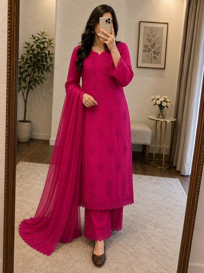 Faux Georgette Chikankari Thread Embroidery Kurti Pant Dupatta Set
