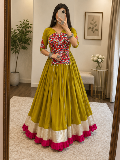 Pure Cotton Gamthi Mirror Work Kediyu Lehenga Choli - 6 Meter Flair